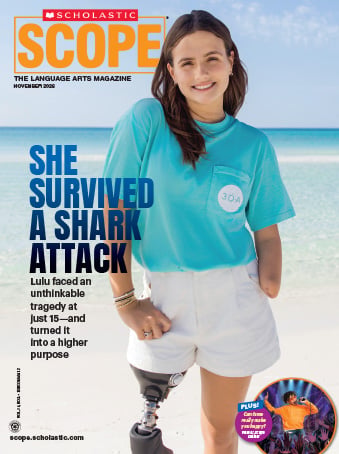 Cover of Scope, a girl with a prosthetic leg stands on a beach beneath She Survived a Shark Attack