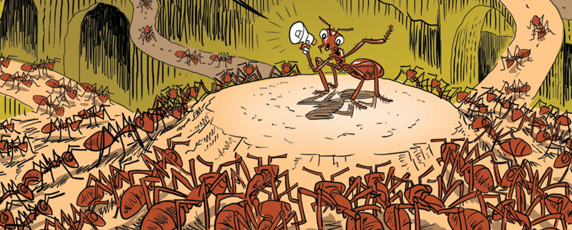 An ant stands on a mound and speaks into a megaphone before a large crowd of ants