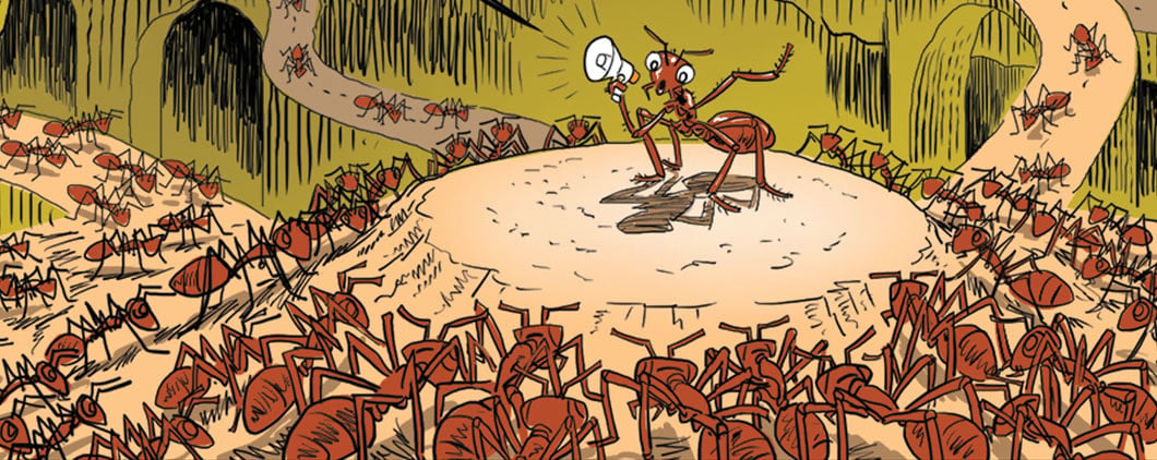 An ant stands on a mound and addresses a large crowd of ants with a megaphone