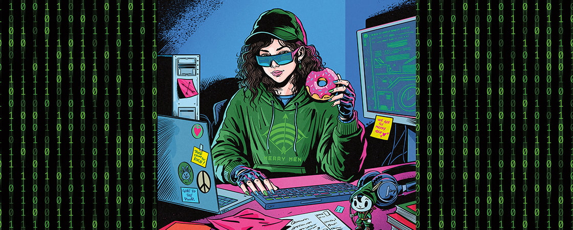 A woman in a hoodie labeled Merry Men holds a donut and types at a keyboard surrounded by monitors and binary code