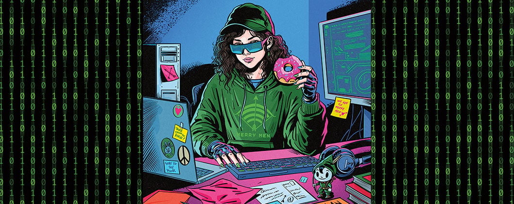 A woman in a Merry Men hoodie types at a keyboard and holds a donut at a desk with multiple screens