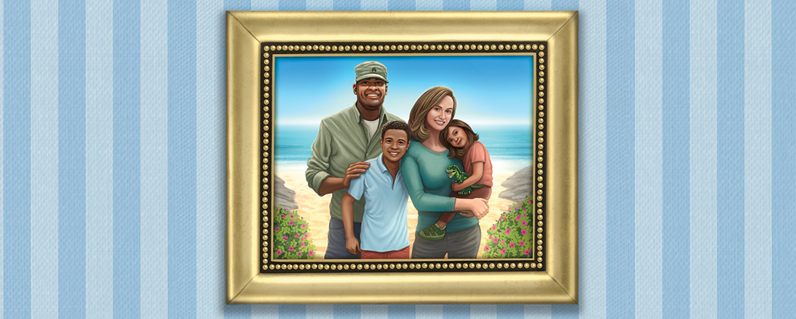 A framed portrait of four people posed together on a beach