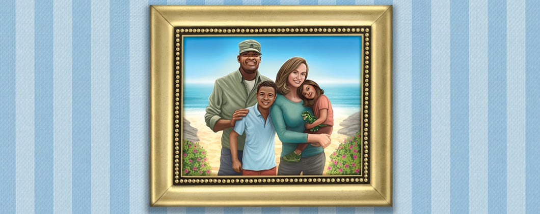 A framed portrait of four people posed together on a sunny beach