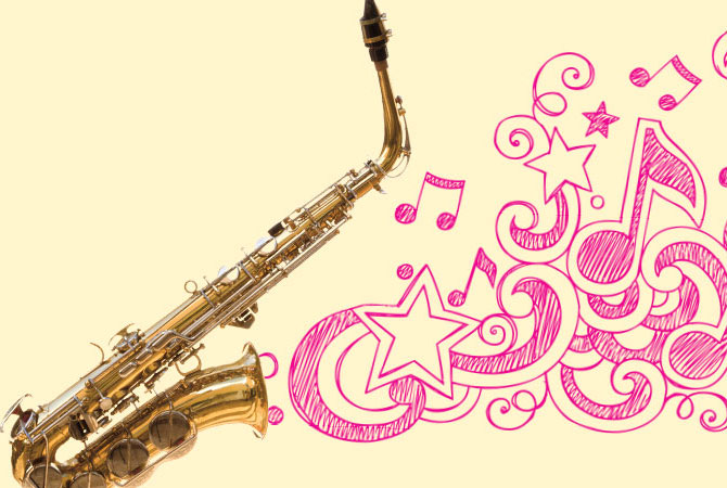 A saxophone with illustrated notes coming out of it