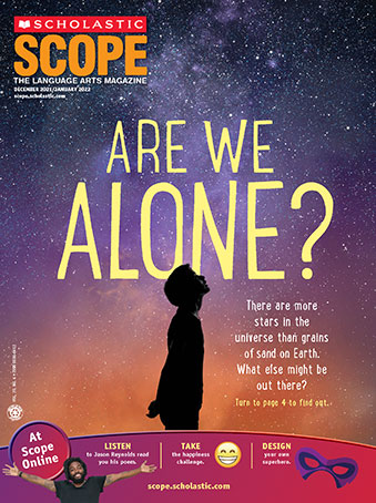 A child looking up at the starry skies and the text "Are We Alone?"