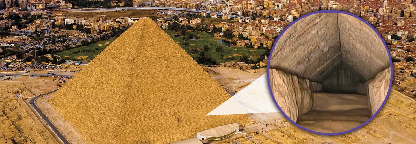 Bird's eye view of the Great Pyramid in Egypt and image showing its interior